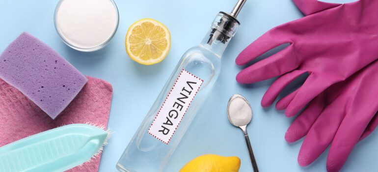 Cleaning supplies: vinegar in a bottle, gloves, sponges, lemon and others