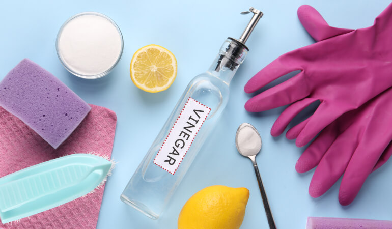 Cleaning supplies: vinegar in a bottle, gloves, sponges, lemon and others